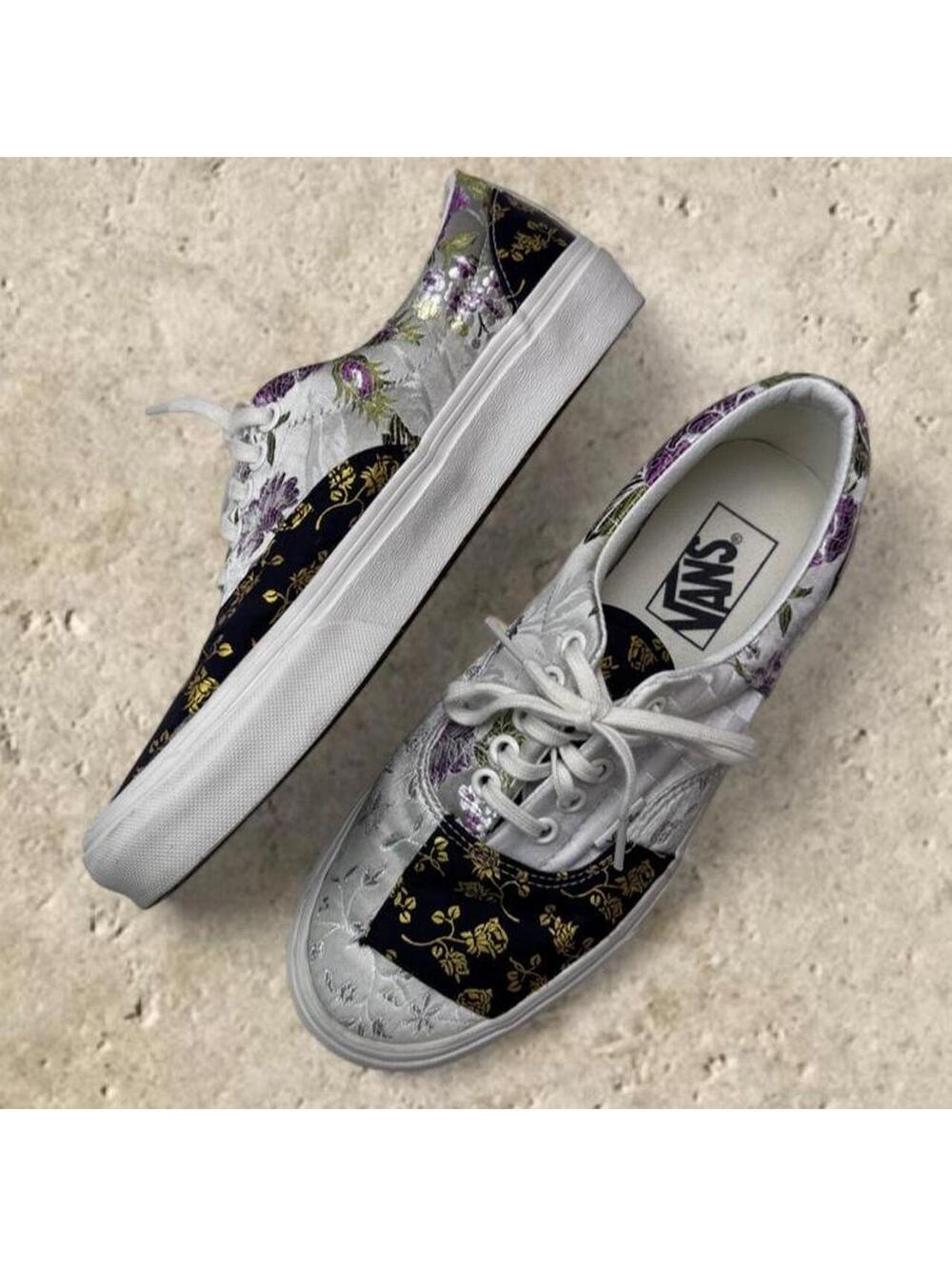 White Floral Patchwork Silk Brocade Vans Era Low Tops Women's 8